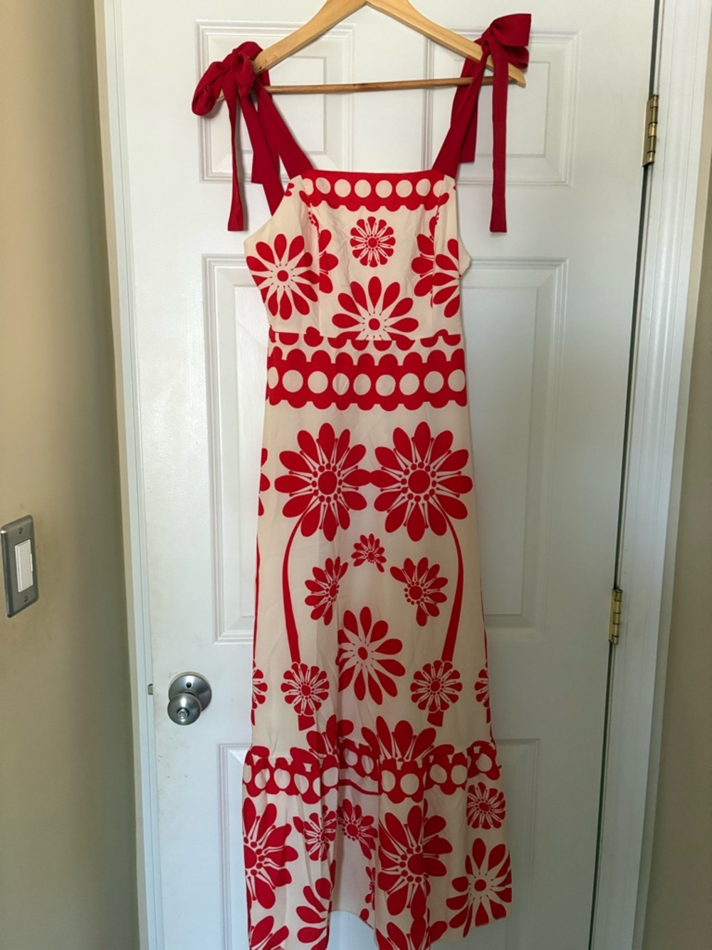Amazon Red and Cream Floral Maxi Dress with Tie Straps